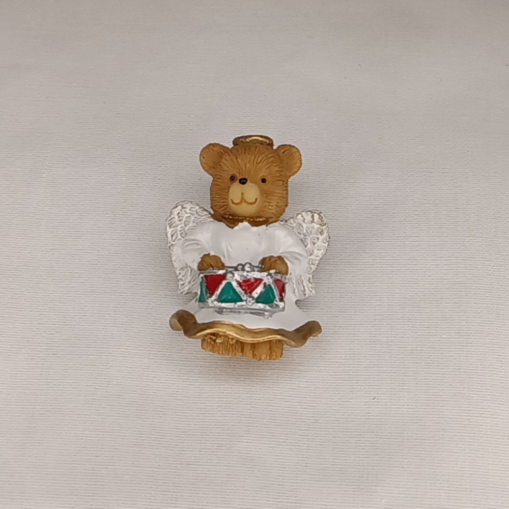 Angel Bear Drummer Figurine Pin in White and Gold